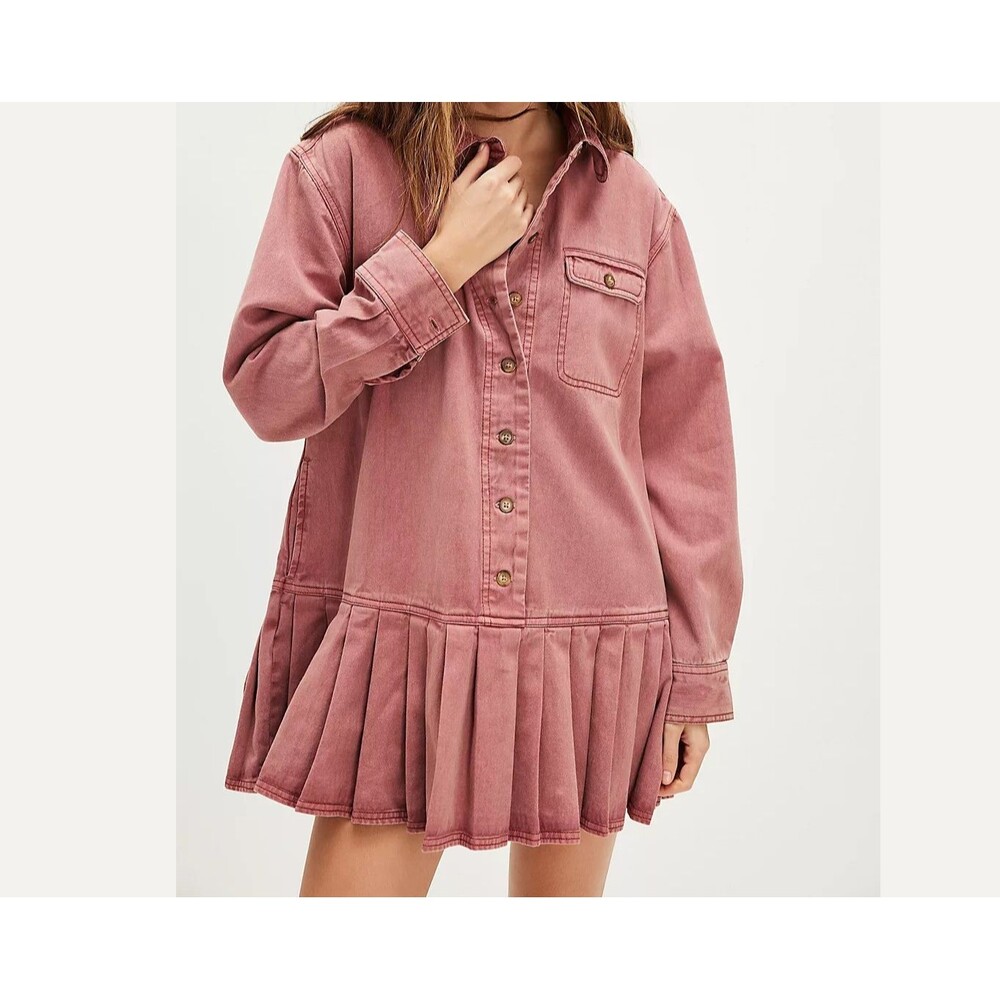 Free People Connor Mini Dress Pleated Long Sleeve Pockets Cotton L New 282875